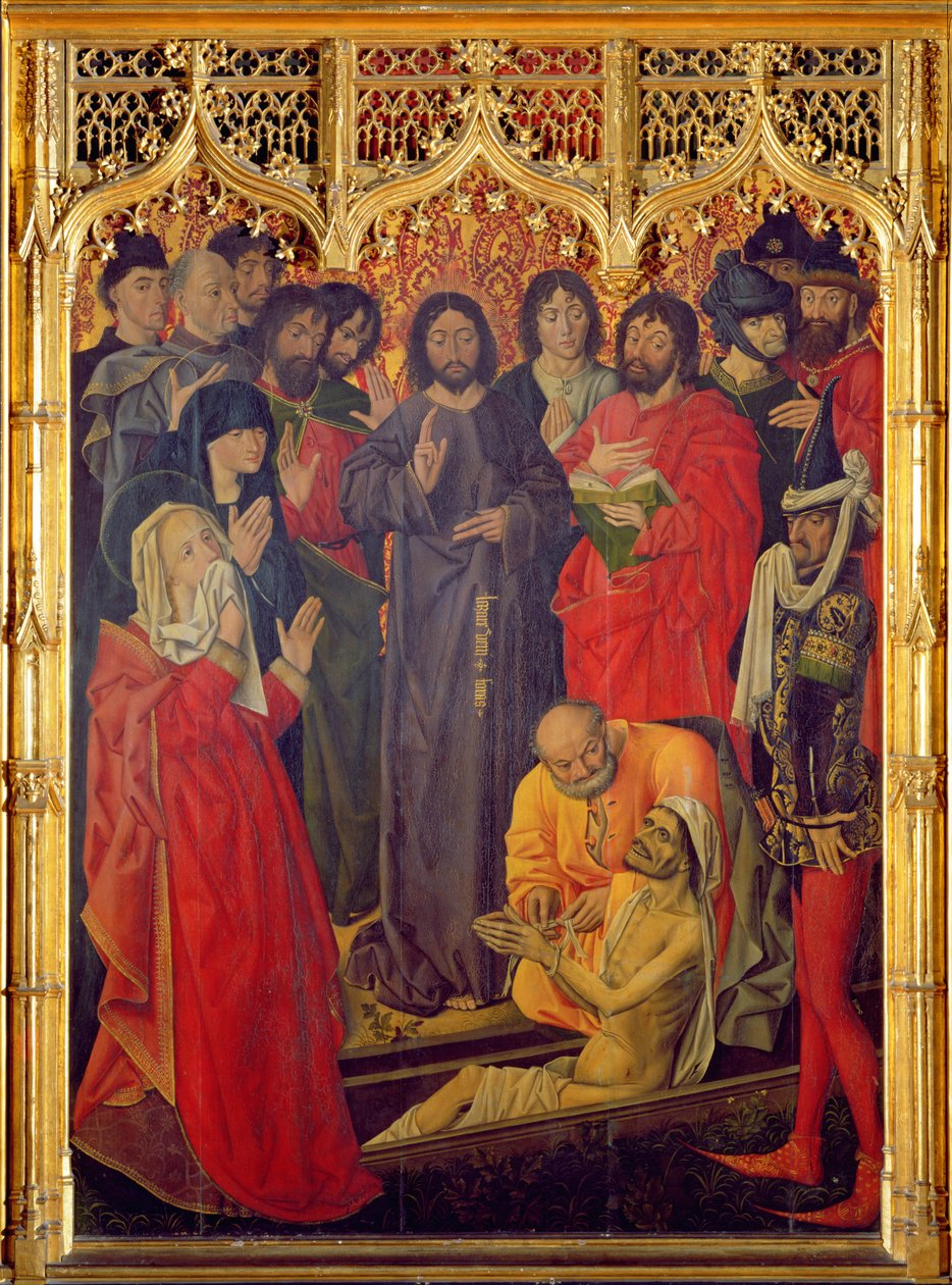 A ressurreição do tríptico de Lázaro, painel central de Lázaro subindo de seu caixão, 1461 de Nicolas Froment