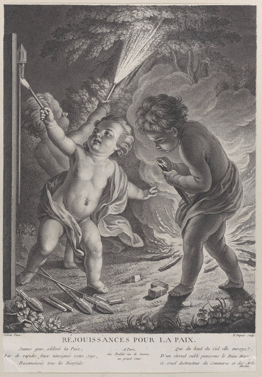 Celebrando a paz Celebrando a paz, três putti com fogos de artifício, 1745-71., 1745-71. de Nicolas Gabriel Dupuis