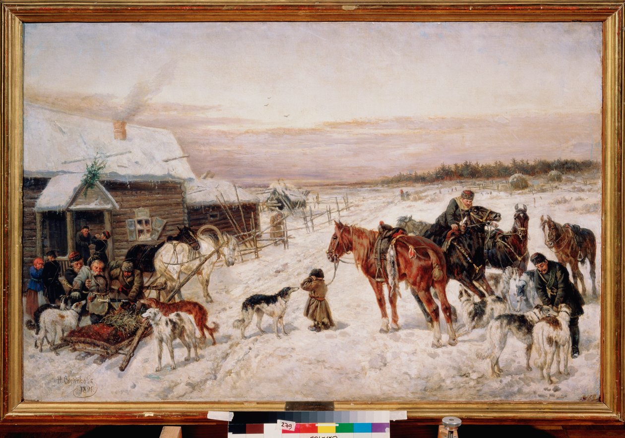 Antes de um pub no inverno - Pintura de Nikolai Yegorovich Sverchkov (Nicolas Swertschkoff) (1817-1898), óleo sobre tela de Nicolas Gregorovitch Svertschkoff