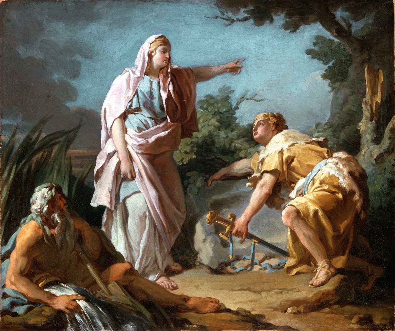 Aethra mostrando a seu filho Theseus o lugar onde seu pai tinha escondido suas armas, 1768 de Nicolas Guy Brenet