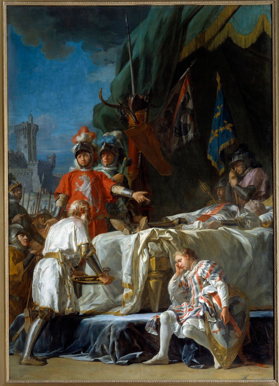 Guerra dos Cem Anos: "A morte de Bernard du Guesclin (1320-1380) antes de Chateauneuf de Randon o 13/07/1380" Pintura de Nicolas Guy Brenet (1728-1792) Sol do século XVIII. 3,83x2,64 m Paris, de Nicolas Guy Brenet