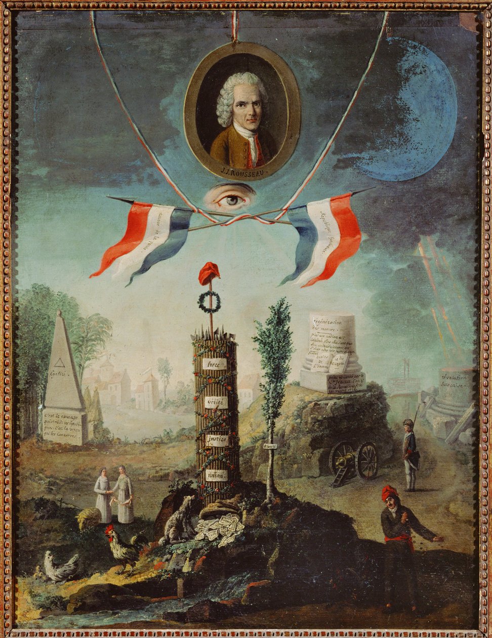 Alegoria da Revolução Francesa com um retrato de Jean-Jacques Rousseau e um chapéu frígio jacobino ... de Nicolas Henri Jeaurat de Bertry