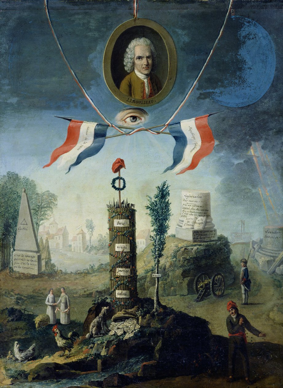 Uma Alegoria da Revolução com um medalhão de retrato de Jean-Jacques Rousseau (1712-1778) 1794 de Nicolas Henri Jeaurat de Bertry