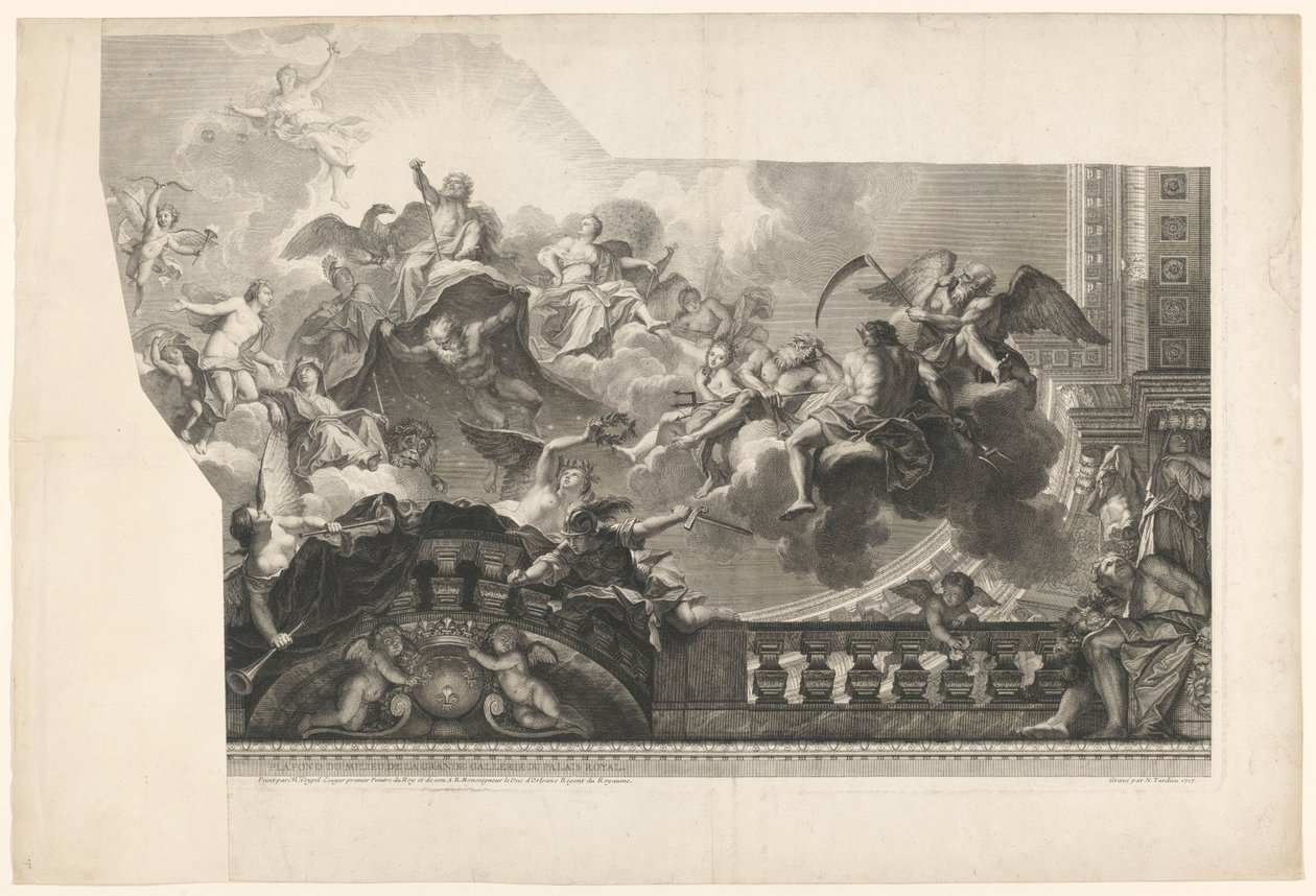 Pintura de teto com assembléia de deuses (placa 2) Plafond du Milieu de la Grande Gallerie du Palais Royal (título no objeto) de Nicolas Henri Tardieu