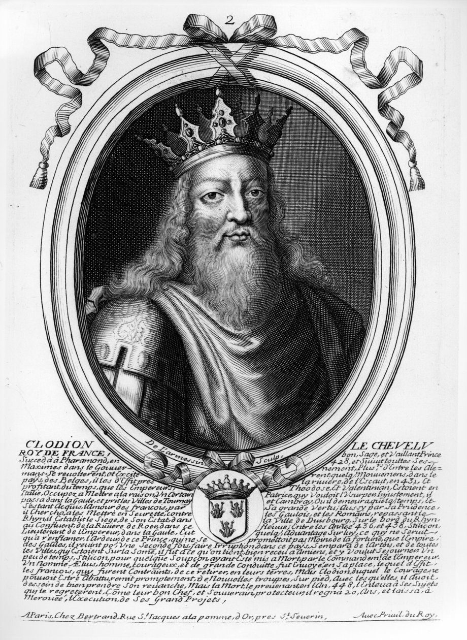 Clodion The Hairy (c.428-47) de "As Representações de Auges de todos os reis da França de Pharamond a Louis XIV", Paris, 1679 de Nicolas II de Larmessin