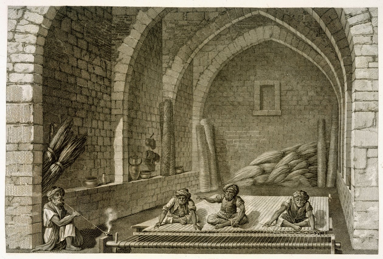 Tecendo um tapete, de Volume II Artes e Ofícios de &39;Descrição do Egito&39;, pub. sob as ordens de Napoleão, 1822 de Nicolas Jacques Conte