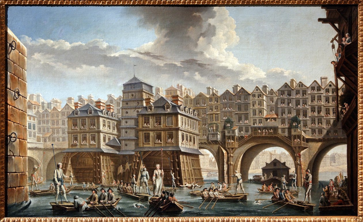 A disputa dos bargemen, entre a ponte Notre Dame e a Pont au Change de Nicolas and Jean Baptiste Raguenet