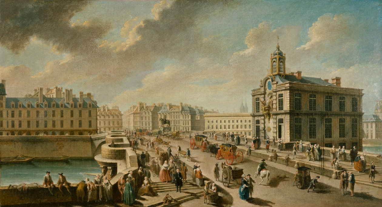 A Pont-Neuf e a bomba Samaritaine, vistas do quai de la Mégisserie, 1777. de Nicolas Jean Baptiste Raguenet
