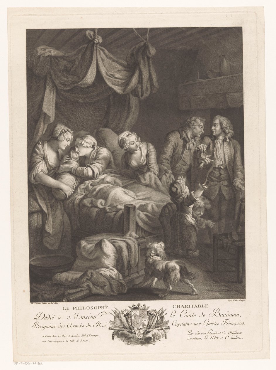 Mulher com bebê no parto, cercada por outras figuras Le Philosophe Charitable (título no objeto) de Nicolas Joseph Voyez