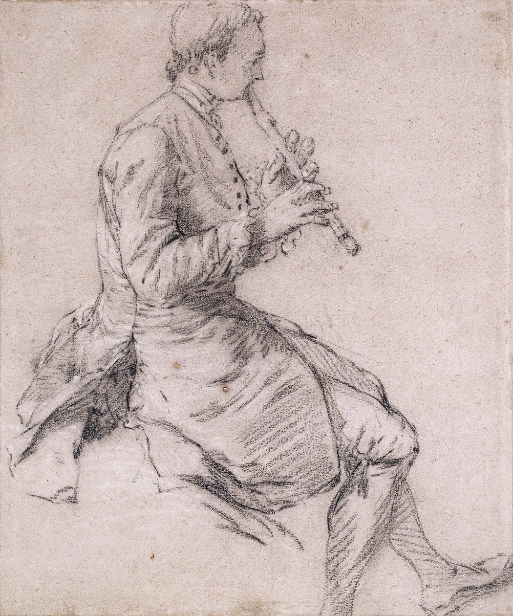 Um homem sentado tocando flauta, em perfil à direita, c.1720s de Nicolas Lancret