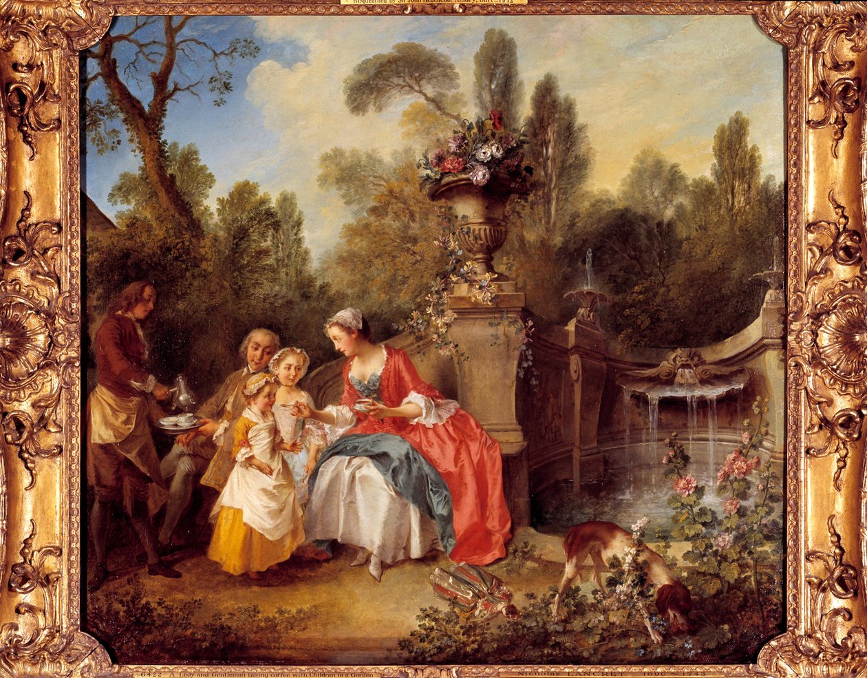 Uma mulher num jardim tomando café com crianças ou uma xícara de chocolate Pintura de Nicolas Lancret (1690-1743) de Nicolas Lancret