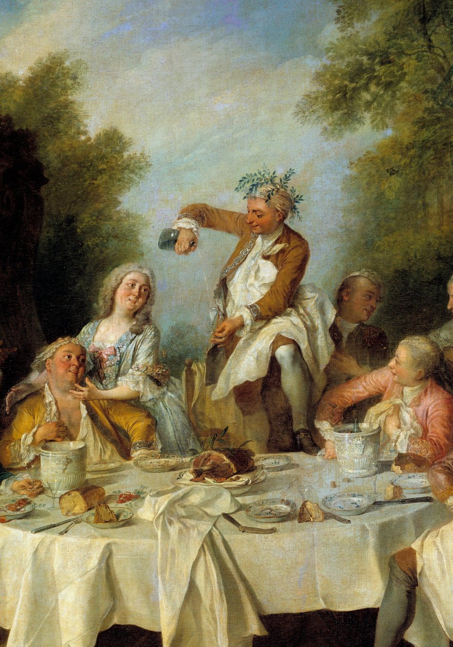 Pequeno-almoço de presunto. Cena de um banquete de campo em torno de um presunto na nobreza. Detalhe. Pintura de Nicolas Lancret (1690-1743) 1735. Sol 1,8x1,2 m Chantilly, museu Conde de Nicolas Lancret