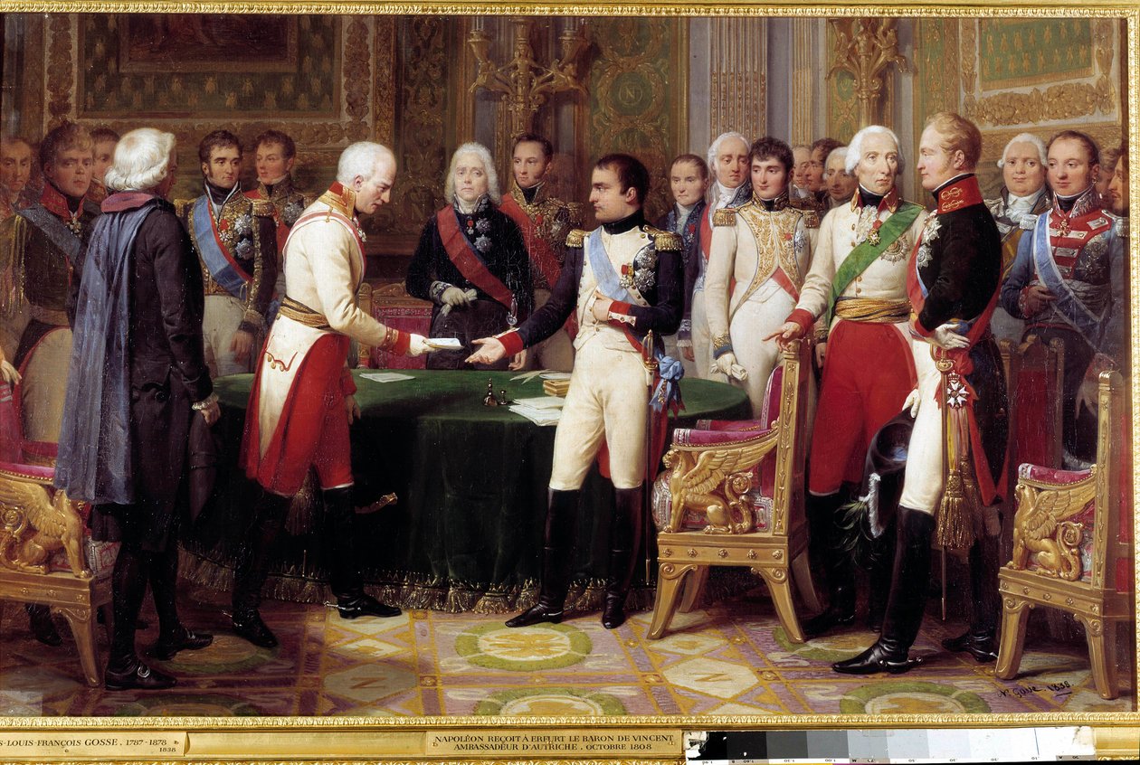 A entrevista de Erfurt, 27 de Setembro - 14 de Outubro de 1808: Napoleão I recebe o Barão Vincent, um diplomata austríaco e enviado pelo Imperador da Áustria. No meio entre os dois personagens vemos Charles Maurice de Talleyrand Perigord (1754-1838). Dor de Nicolas Louis Francois Gosse