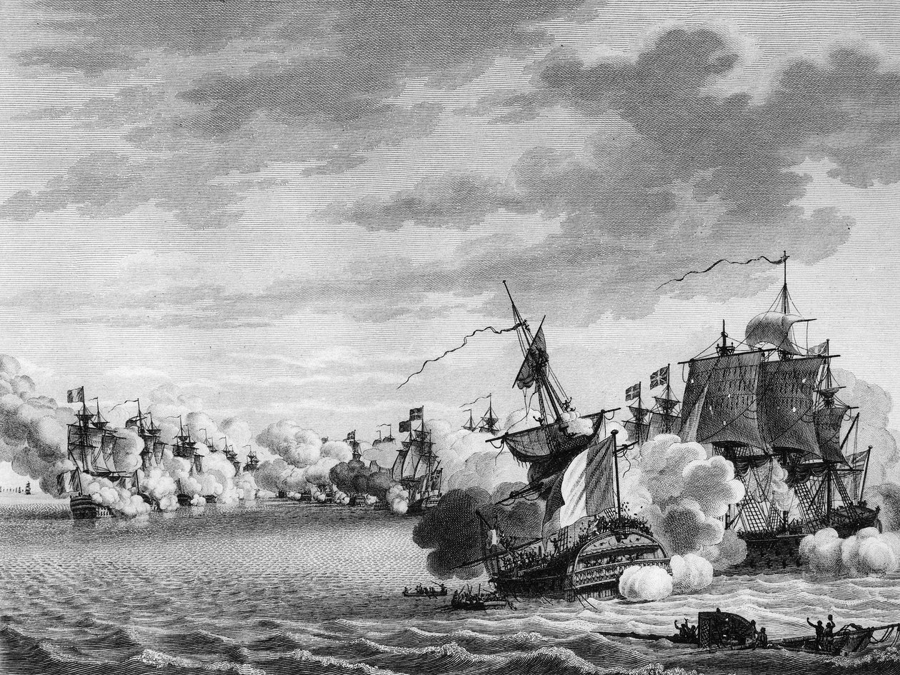 Guerra da Revolução Francesa e Movimentos Anti-Revolucionários: Batalha do navio francês "Avenger de Peuple" liderada pelo Capitão Renaudin em 3 de Junho de Nicolas Marie (after) Ozanne