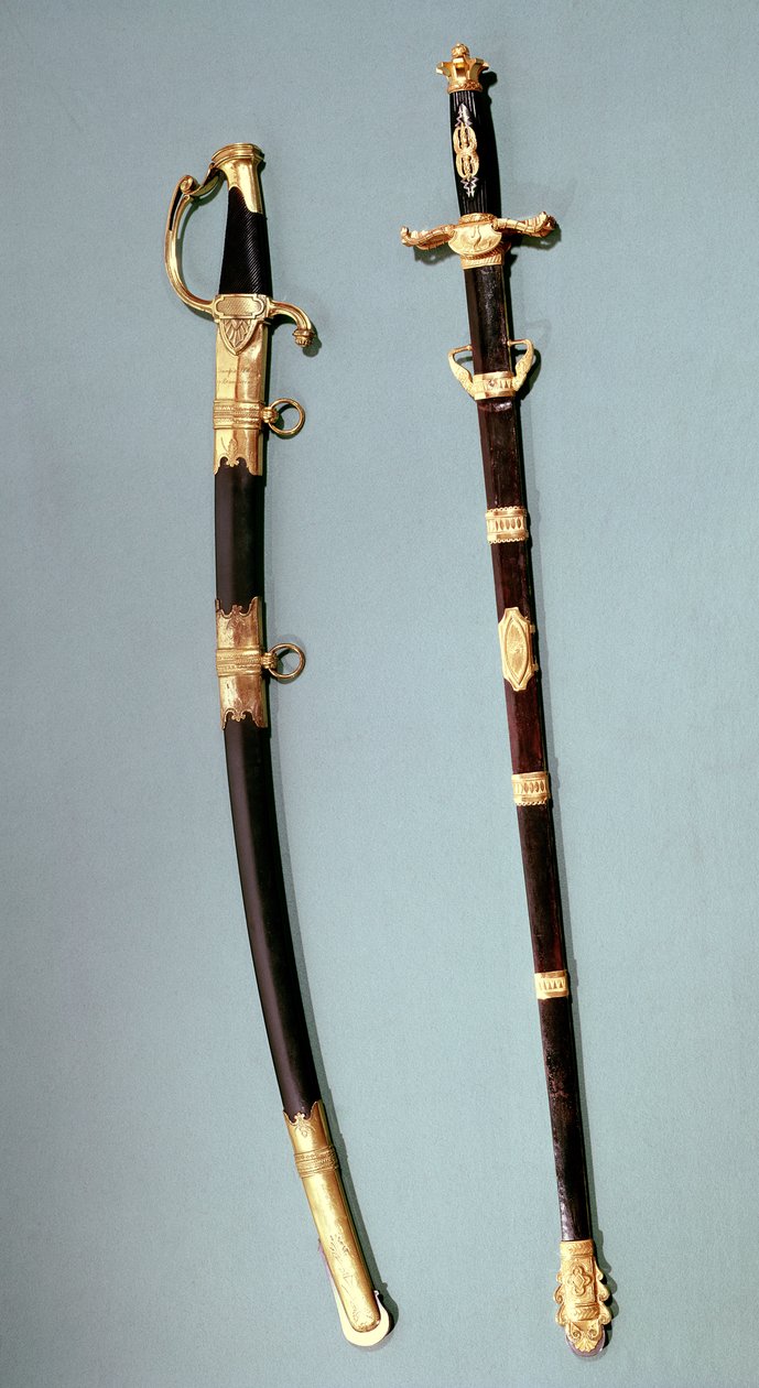 Espada comemorativa dada por Napoleão Bonaparte por ajudá-lo com seu bem sucedido golpe de detenção em Saint Cloud em 18 brumaire a 8 (9 de novembro de 1799) e uma faca de dois gumes de um general-em-comando (eu de Nicolas Noel Boutet