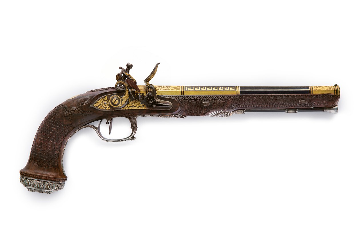 Uma de um par de pistolas de pederneira estriadas montadas em prata, Versalhes, 1825 de Nicolas Noel Boutet