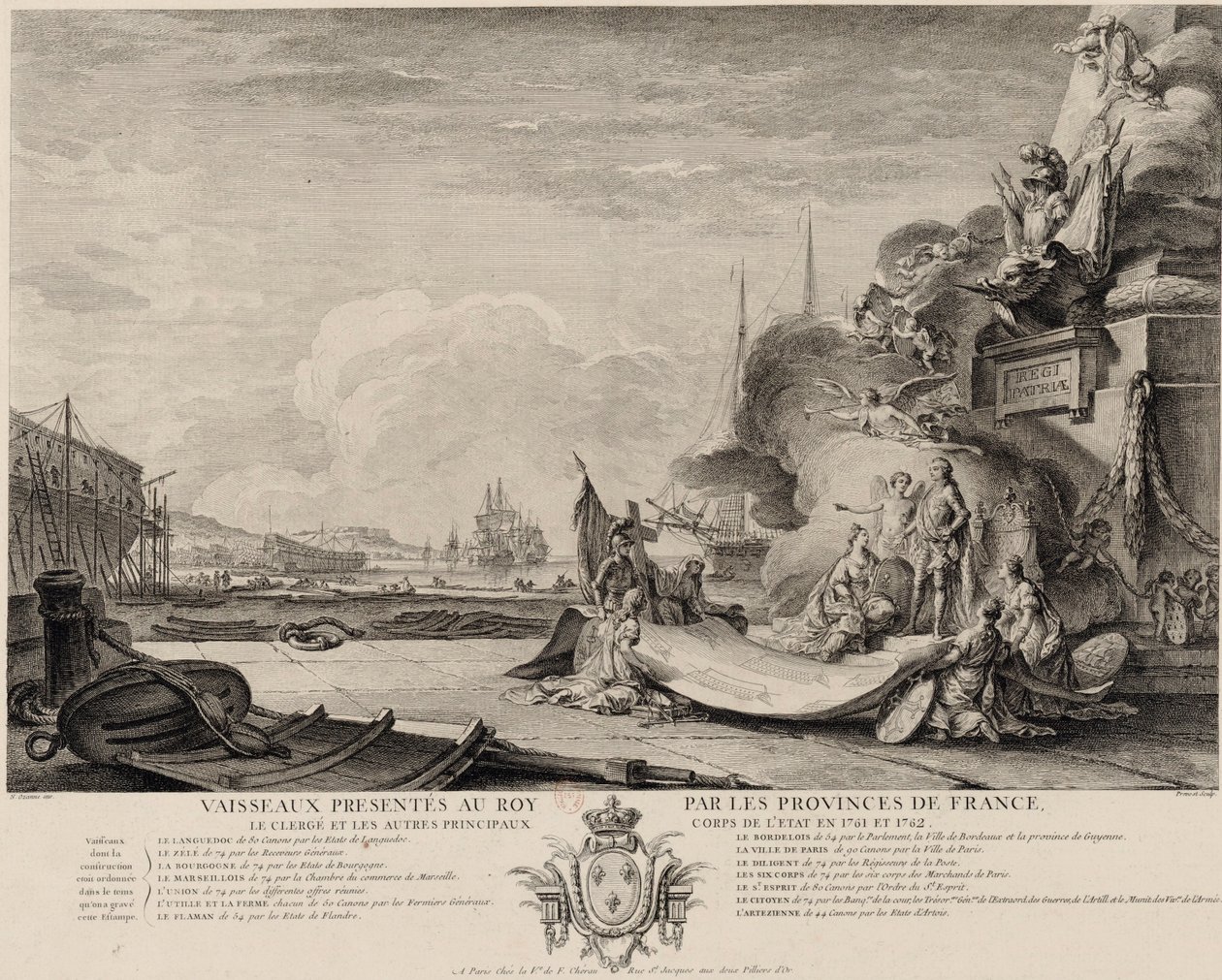 Gravura alegórica da dádiva de navios, cerca de 1762 de Nicolas Ozanne