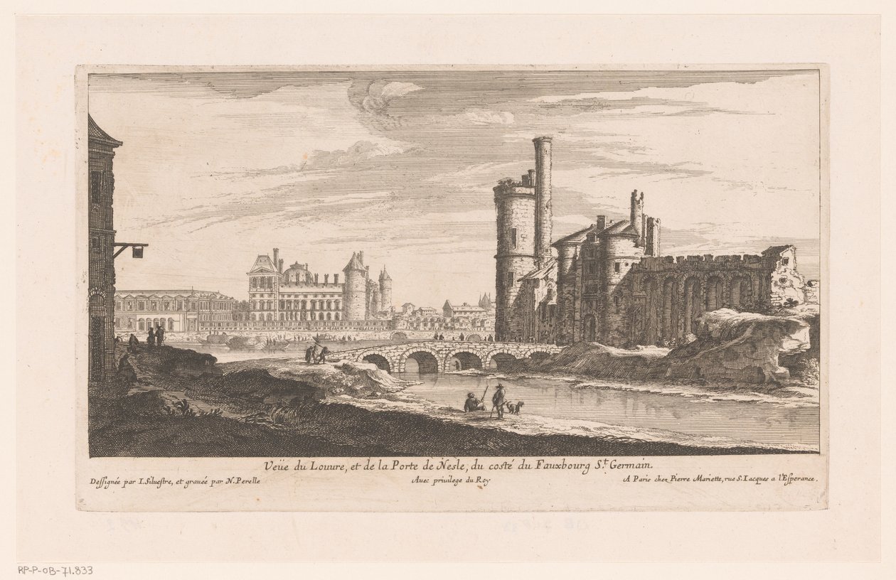 Vista do Louvre Veue du Louvre et de la Porte de Nesle (...) (título no objeto) de Nicolas Perelle