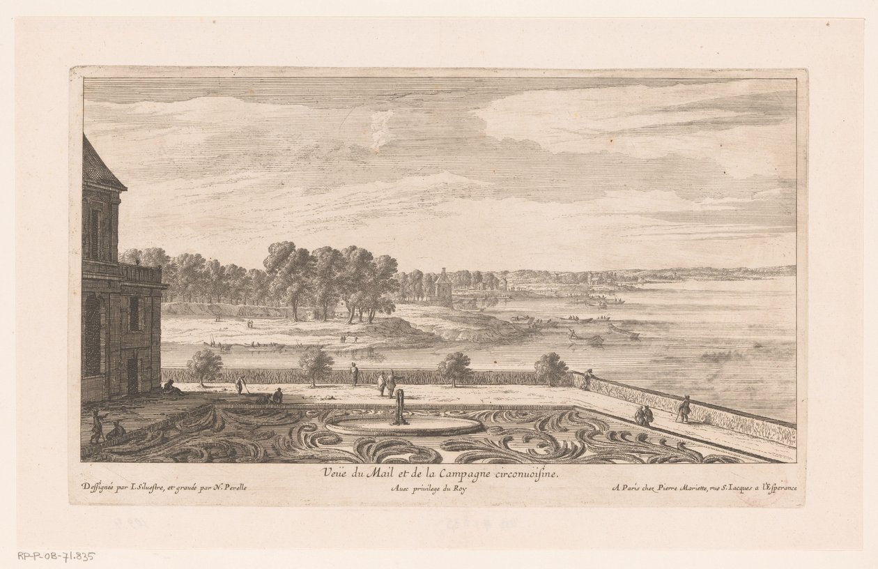 Paisagem com casa de campo com jardim Veue du Mail et de la Campagne circonvoisine (título no objeto) de Nicolas Perelle