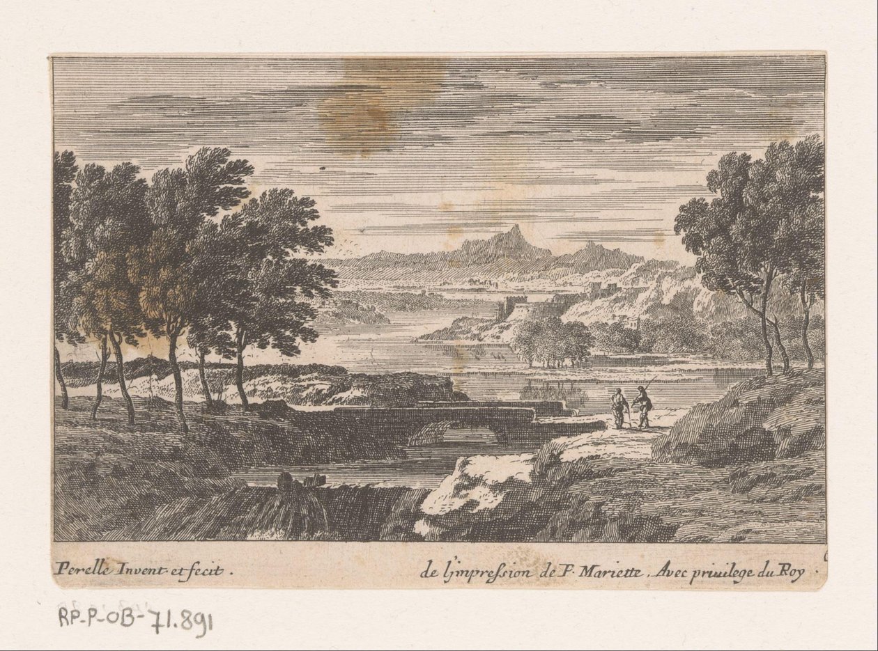 Paisagem com caminhantes na ponte de pedra de Nicolas Perelle