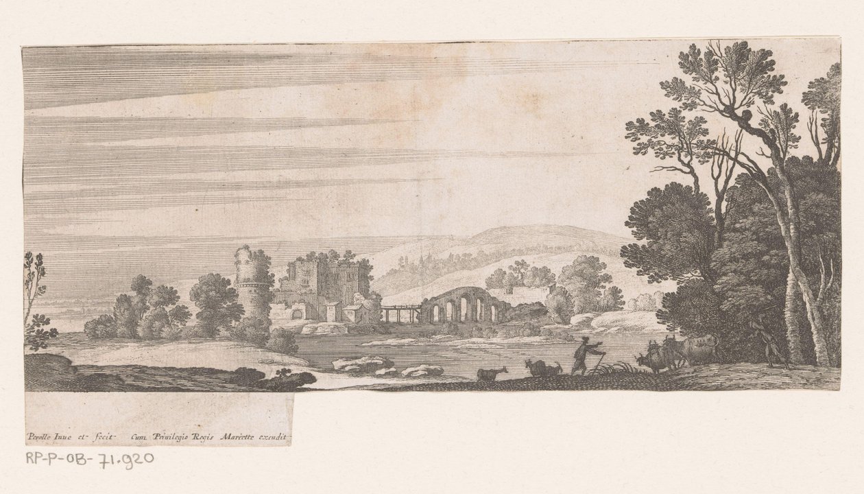 Paisagem fluvial com ponte com cinco arcos de Nicolas Perelle