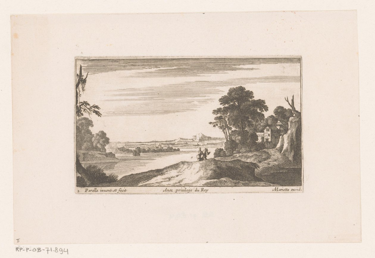 Paisagem fluvial com casal a pé
Paisagens fluviais com edifícios (título da série) de Nicolas Perelle