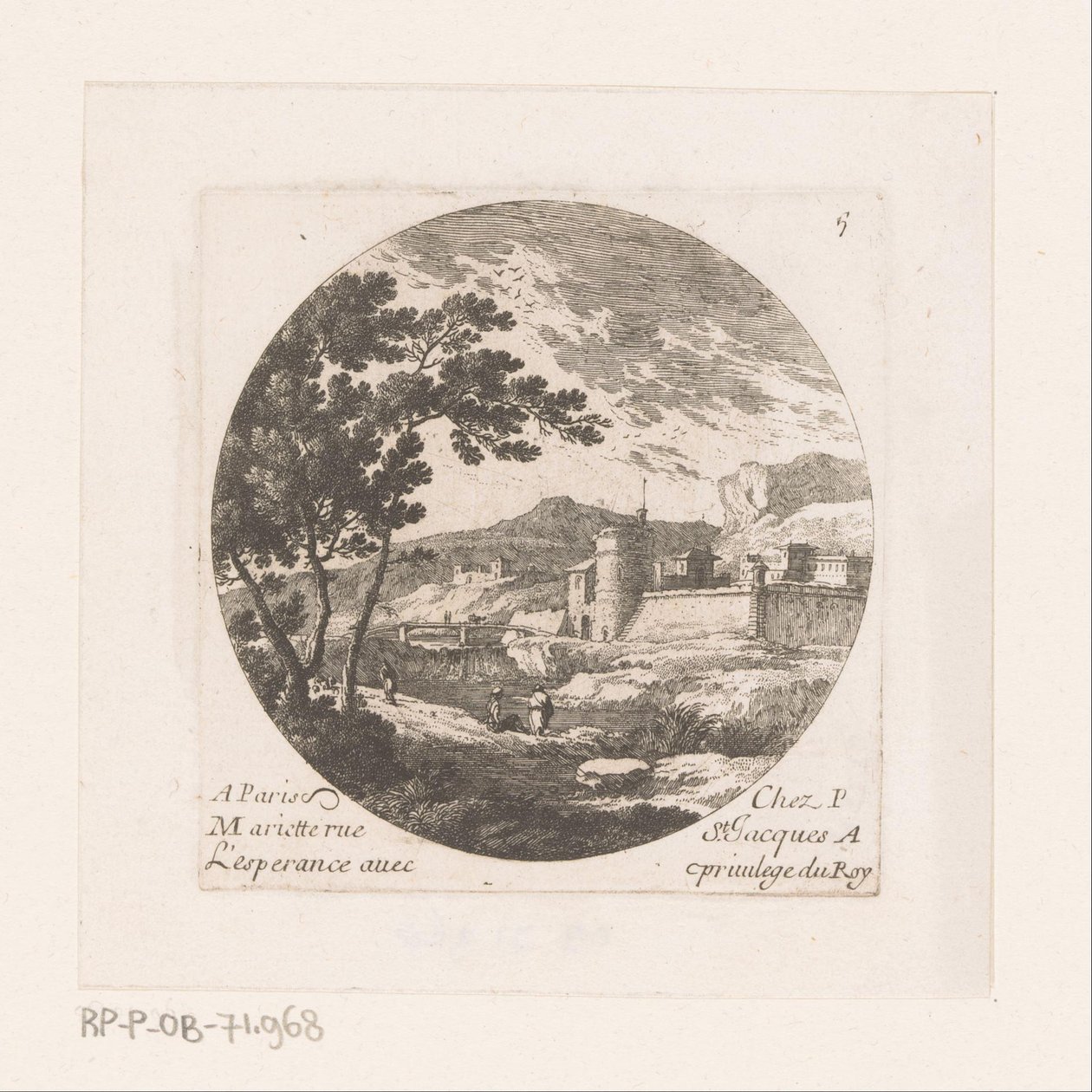 Cidade fortificada e figuras na árvore de Nicolas Perelle