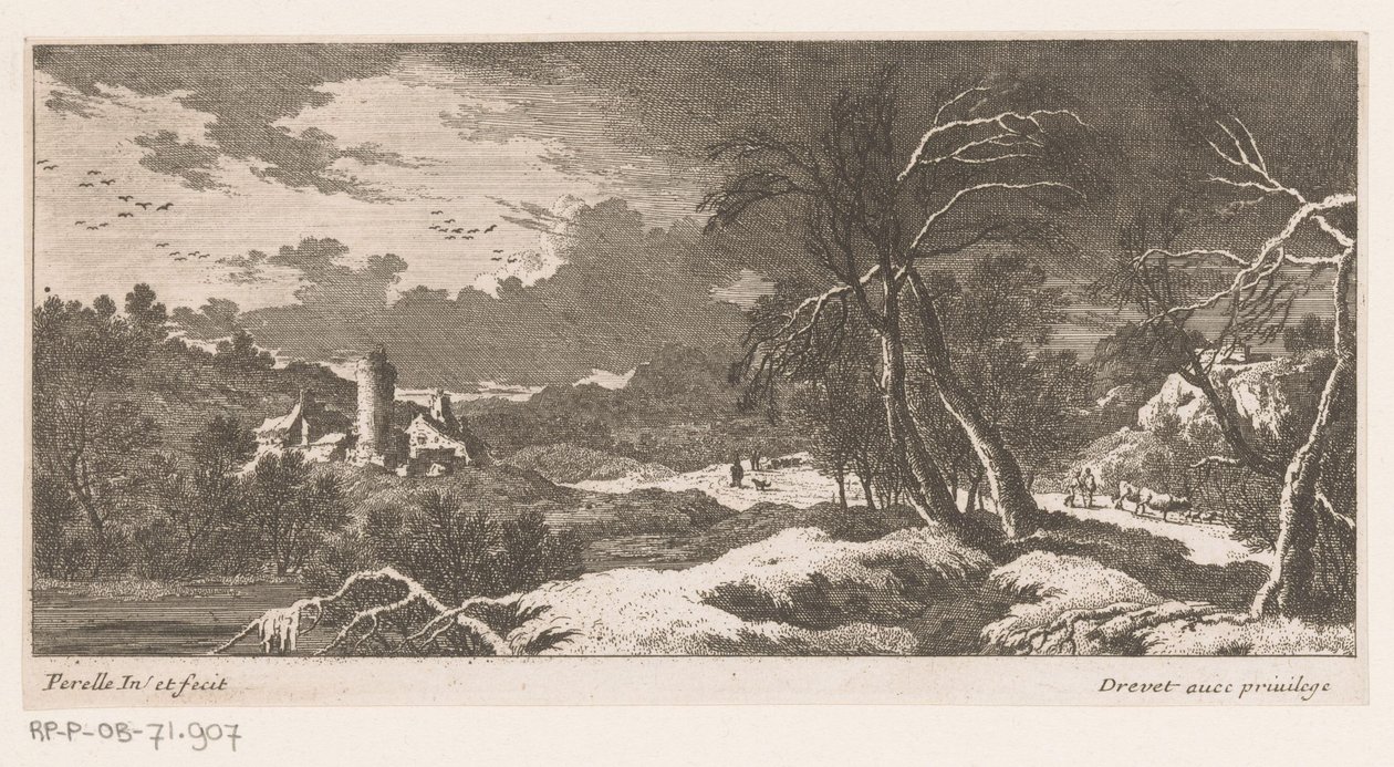 Paisagem de Inverno com casas e torre de Nicolas Perelle