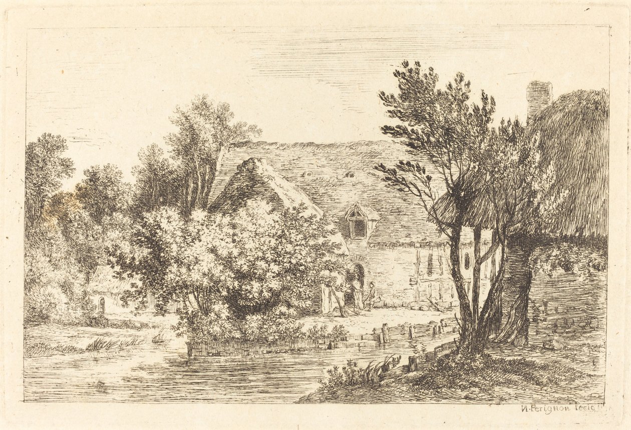 Uma casa e uma casa de campo sombreada às margens de um rio de Nicolas Perignon