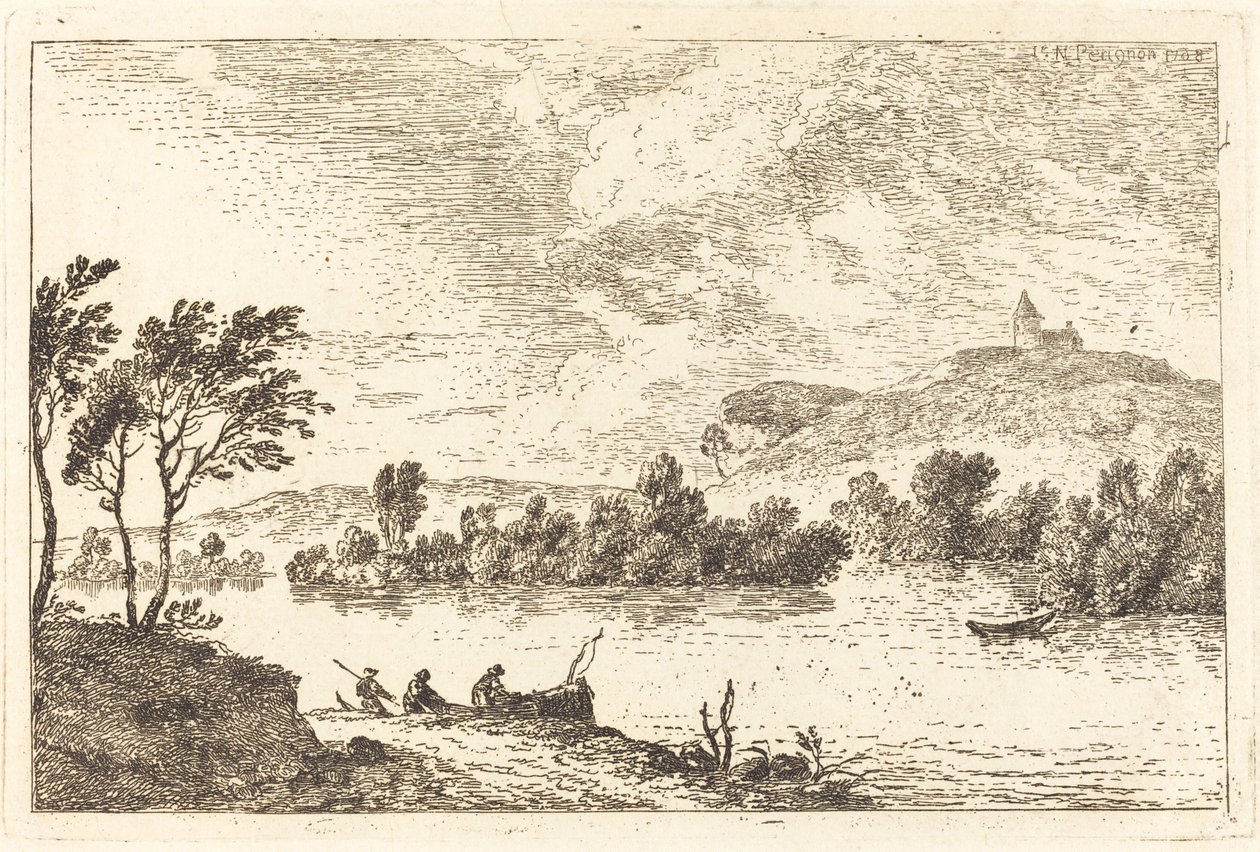 Paisagem fluvial com figuras e um barco à beira da água de Nicolas Perignon