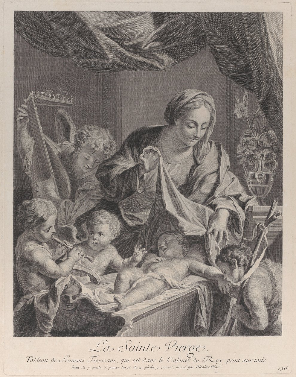 A Virgem segurando um pano sobre o Menino Jesus adormecido, com anjos musicais e o..., c. 1729. de Nicolas Pigne