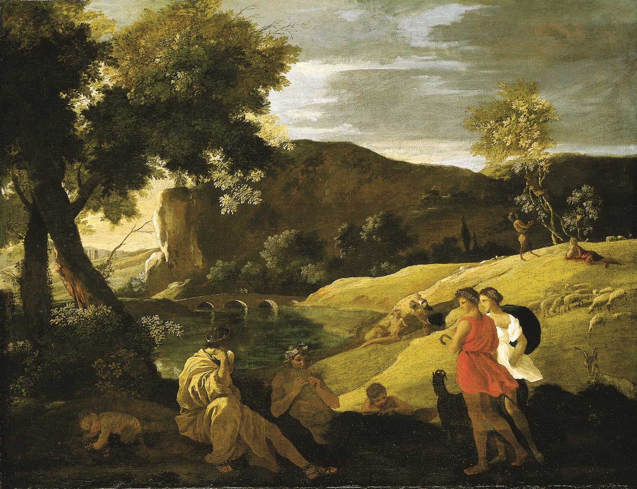 Uma paisagem Arcadiana com histórias das lendas de Pan e Bacchus (óleo sobre tela) de Nicolas Poussin