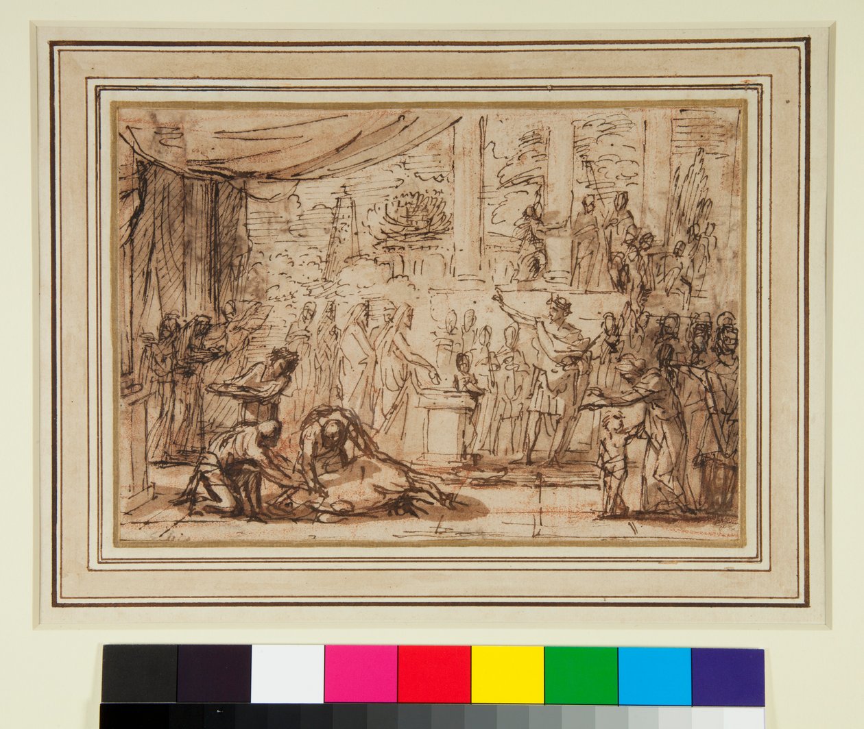 Sacrifício antigo em um templo (caneta e tinta marrom e tinta marrom sobre giz vermelho) de Nicolas Poussin