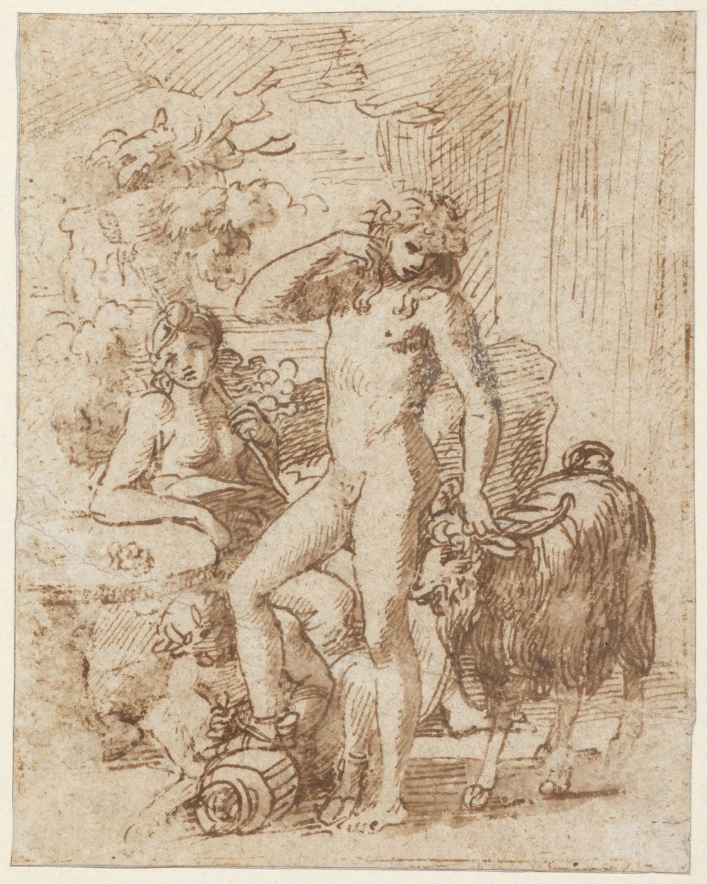 Bacchus e Erigone (caneta e tinta com papel lavado) de Nicolas Poussin