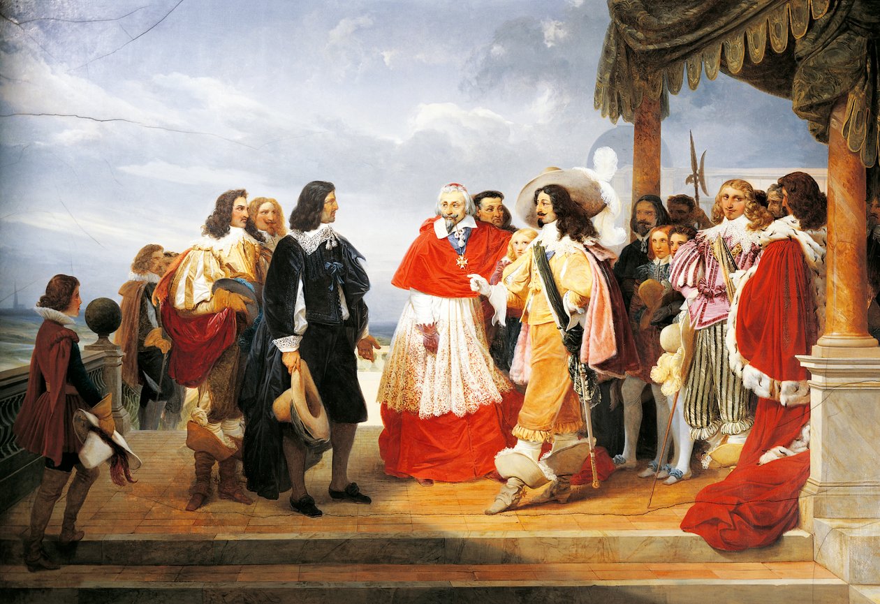 O Cardeal Richelieu apresenta Poussin a Luís XIII em 1640, detalhe da pintura de 1832 de Jean Alaux (1786-1864), França de Nicolas Poussin