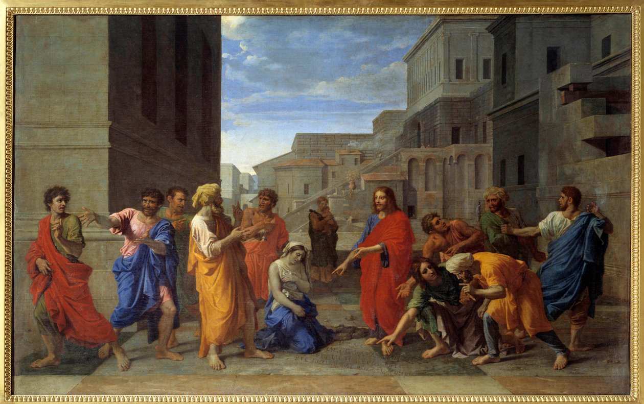 Pintura de Cristo e a mulher adúltera por Nicolas Poussin de Nicolas Poussin