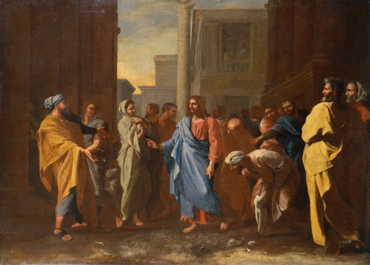 Cristo e a Mulher Adúltera (óleo) de Nicolas Poussin