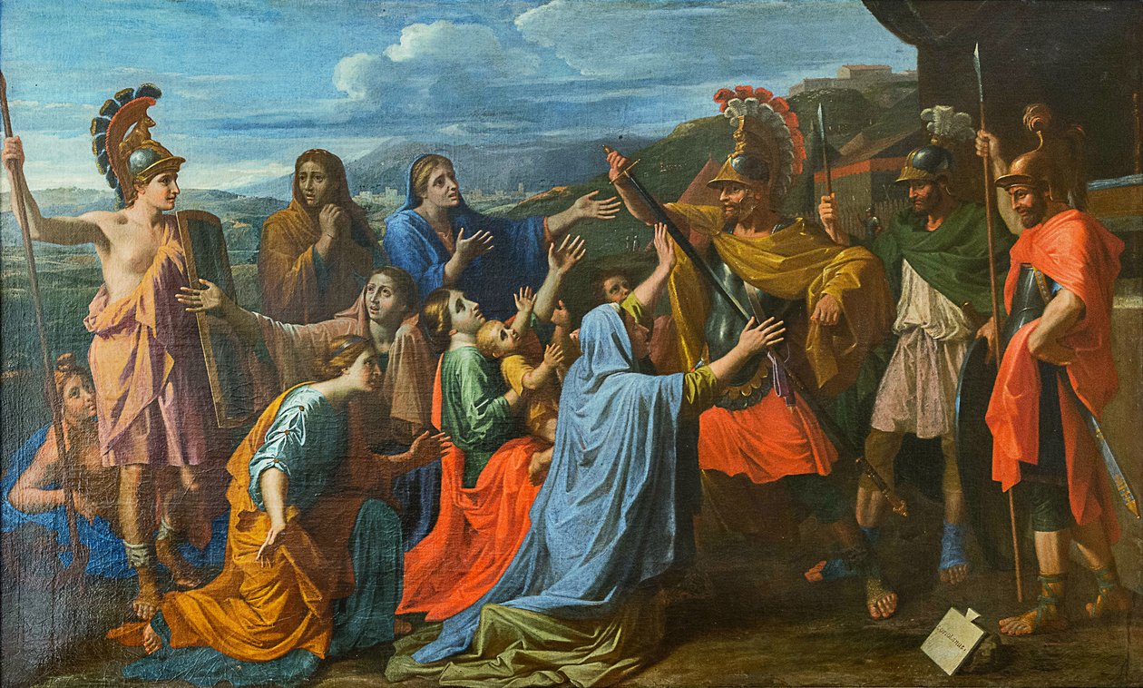 Coriolano persuadido por sua família a poupar Roma Veturia aos pés de Coriolano, ca 1652. de Nicolas Poussin