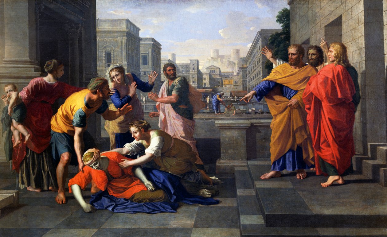Morte de Safira, esposa de Ananias, que caiu queimada aos pés de São Pedro, c.1652 (óleo sobre tela) de Nicolas Poussin