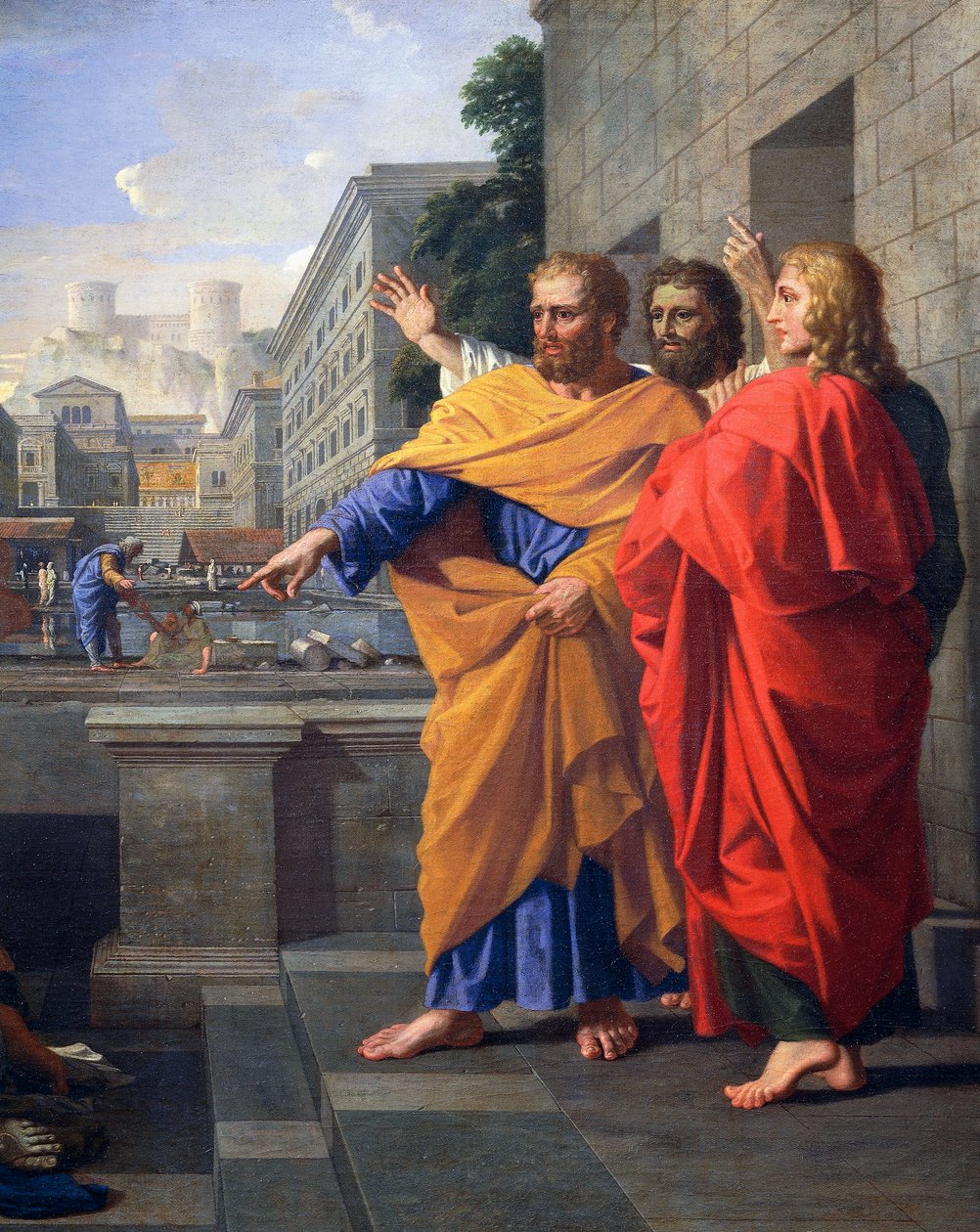 Morte de Safira, esposa de Ananias, que caiu queimada aos pés de São Pedro, detalhe de 2581012, c.1652 (óleo sobre tela) de Nicolas Poussin