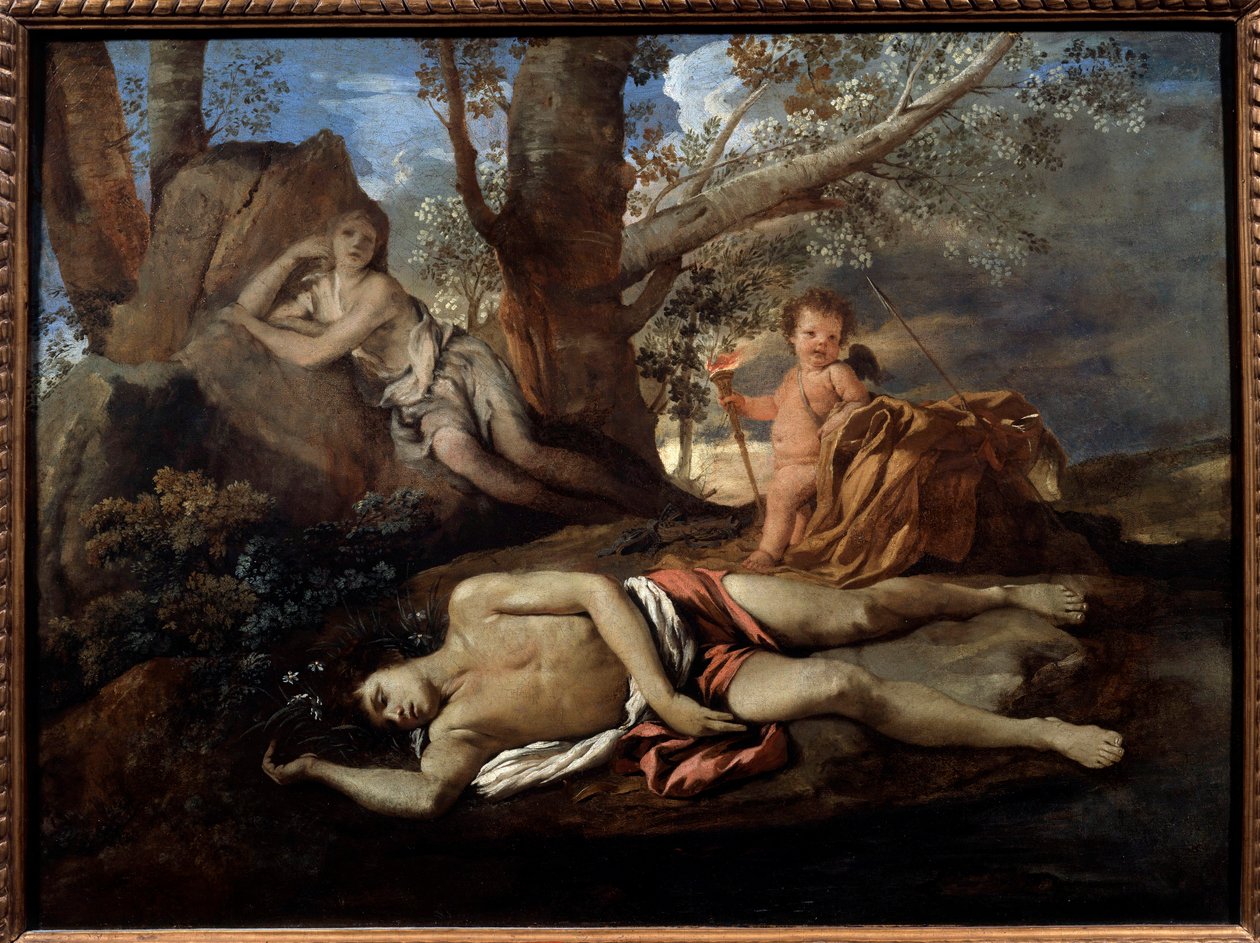 Ilustração de Echo e Narciso para a lenda que inspirou Ovide em "Les Metamorphoses" Pintura de Nicolas Poussin (1594-1665) Sol do século XVII. 0,74x1 m Paris, de Nicolas Poussin