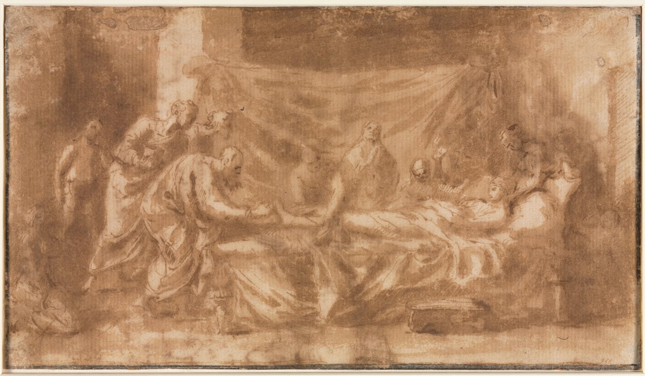 Unção extrema reto, Três cabeças e outros esboços verso, 1643-1644. de Nicolas Poussin