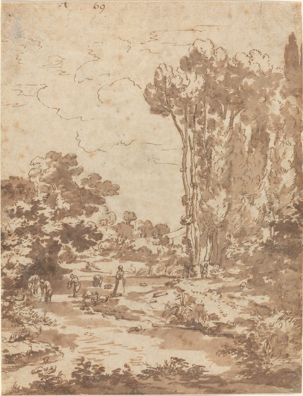 Figuras tomando banho em um riacho de Nicolas Poussin