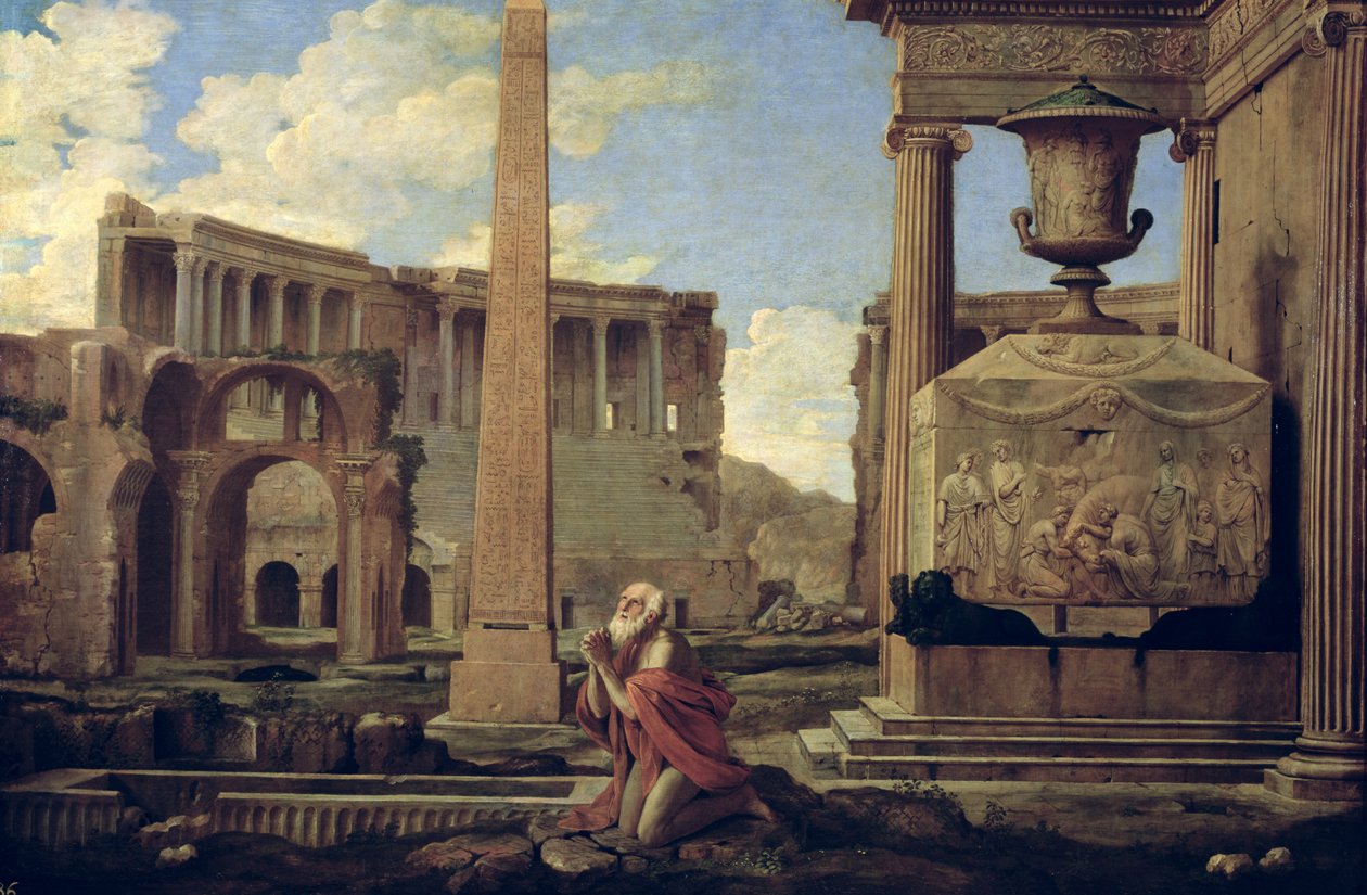 Eremita entre as ruínas de Nicolas Poussin