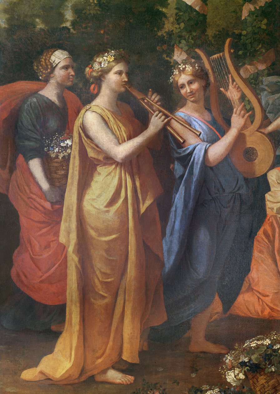 Himênios disfarçados de mulher durante uma oferenda a Priapo, detalhe dos músicos, c.1634-38 de Nicolas Poussin