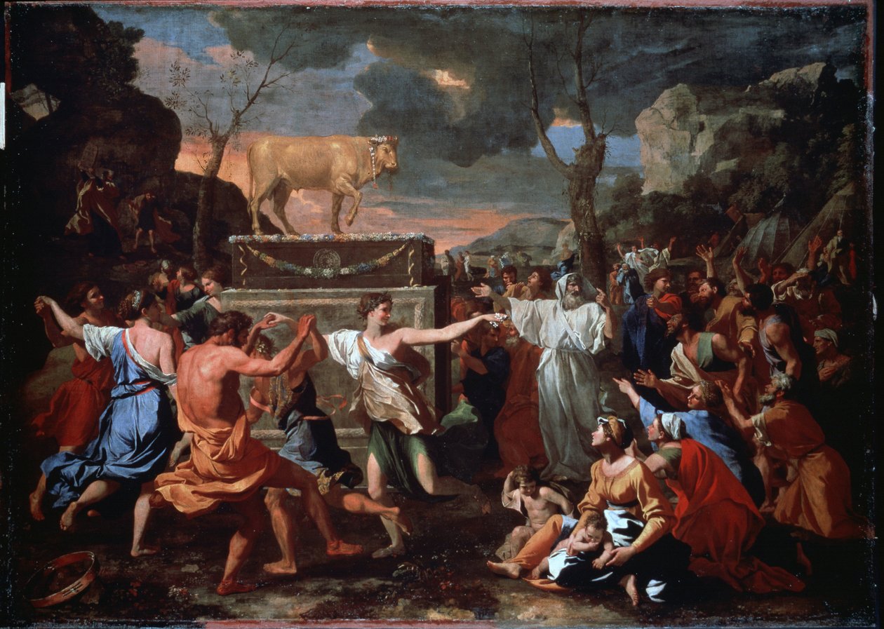 A Adoração do Bezerro de Ouro. O povo hebreu a dançar à volta do ídolo do Bezerro de Ouro. Pintura de Nicolas Poussin (1594-1665) de Nicolas Poussin