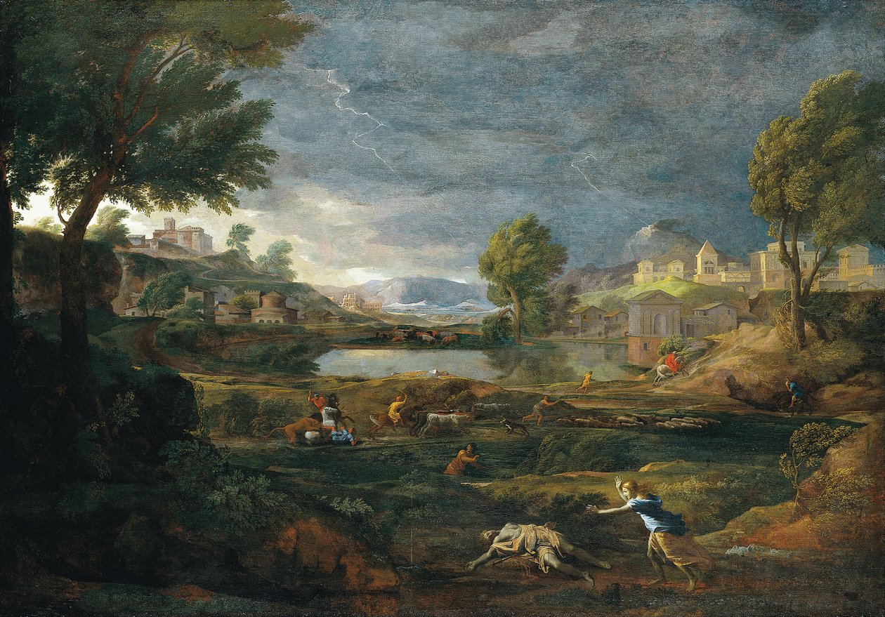 Paisagem durante uma tempestade com Pyramus e Thisbe de Nicolas Poussin