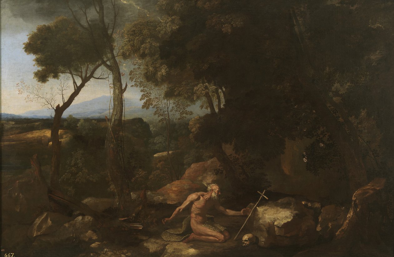 Paisagem com São Paulo, o Eremita, 1638 de Nicolas Poussin
