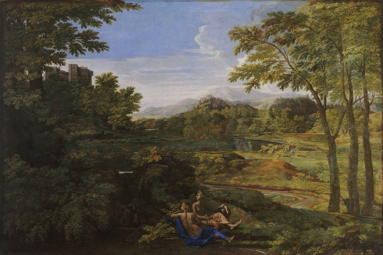 Paisagem com duas ninfas e uma cobra, ca 1659 de Nicolas Poussin