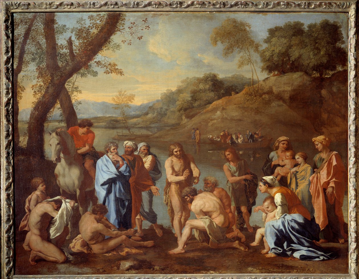 São João batizando o povo. São João Batista abençoou os homens à beira de um rio. Pintura de Nicolas Poussin de Nicolas Poussin